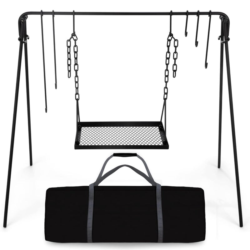 Bruntmor Grill Swing Campfire Cooking Stand BBQ Grill for Cookware & Dutch Oven Adjustable Collapsible Legs with Hooks & Accessories & Carrying Case Black - Image 1